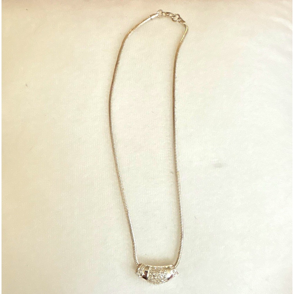 Silver Tone Snake Chain Necklace Clear Rhinestone Pave Slider Pendant 16 Inch